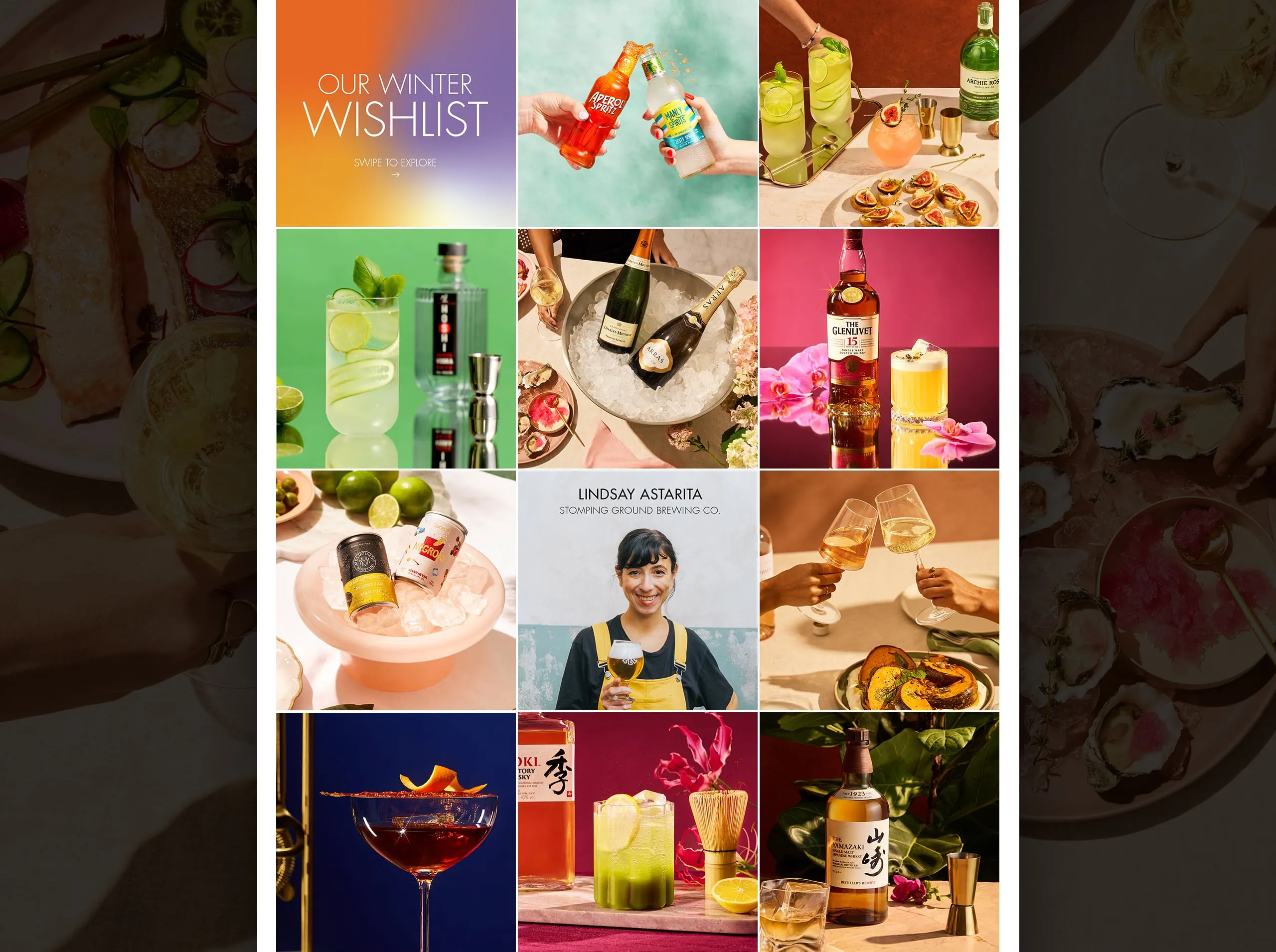 Vintage Cellars' social grid featuring Our Winter Wishlist, cocktails, premium spirits and Lindsay Astarita.