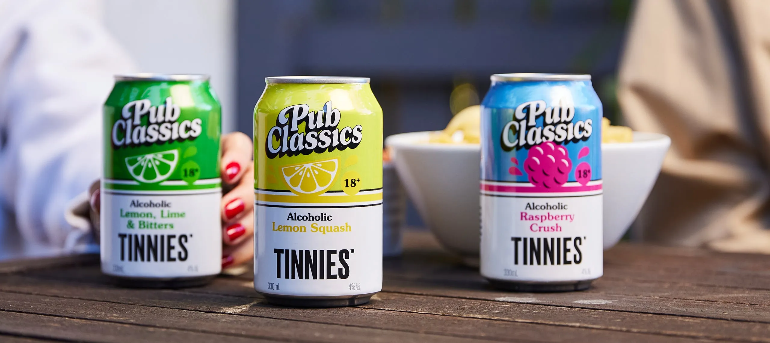 Pub Classics Tinnies featuring Lemon, Lime & Bitters, Lemon Squash, and Raspberry Crush flavors
