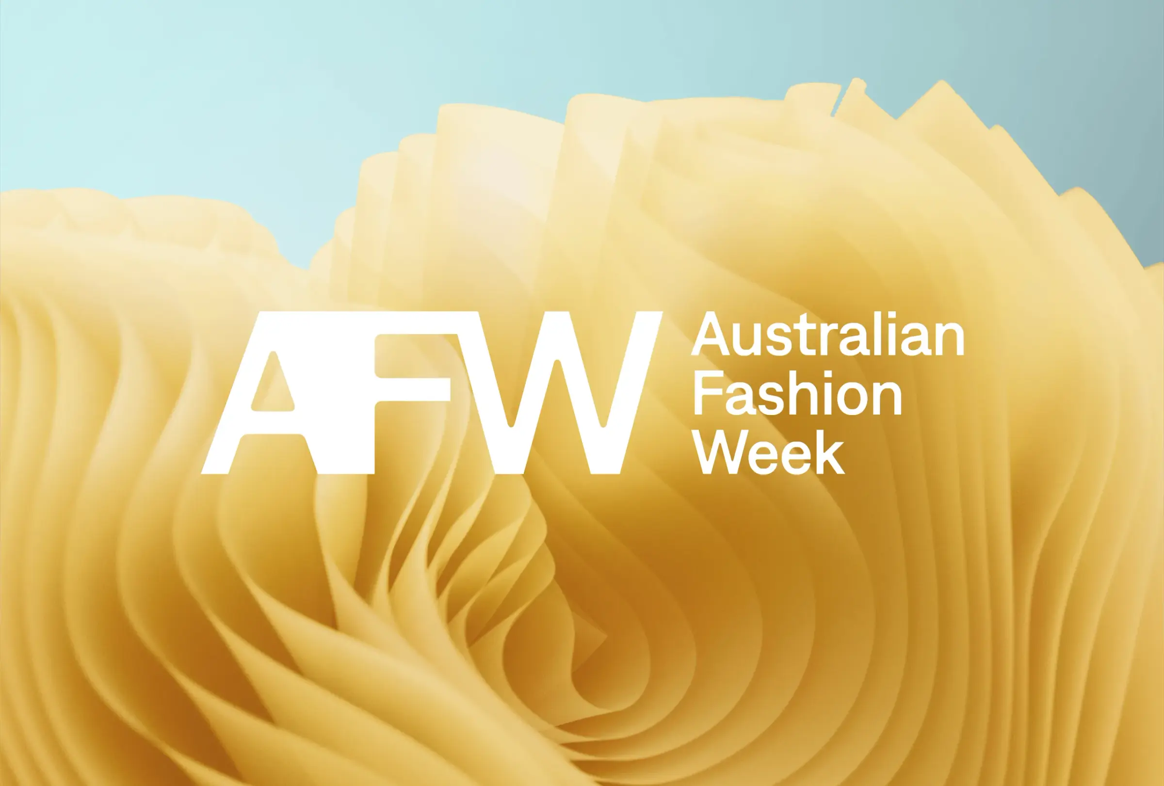 AFW Australian Fashion Week campaign visual with sculptural golden fabric waves on blue background